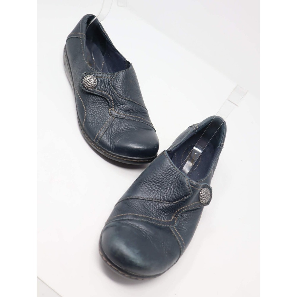 Navy Blue Leather Loafers Size 9 Clarks Womens Slip On Button Detail 67342